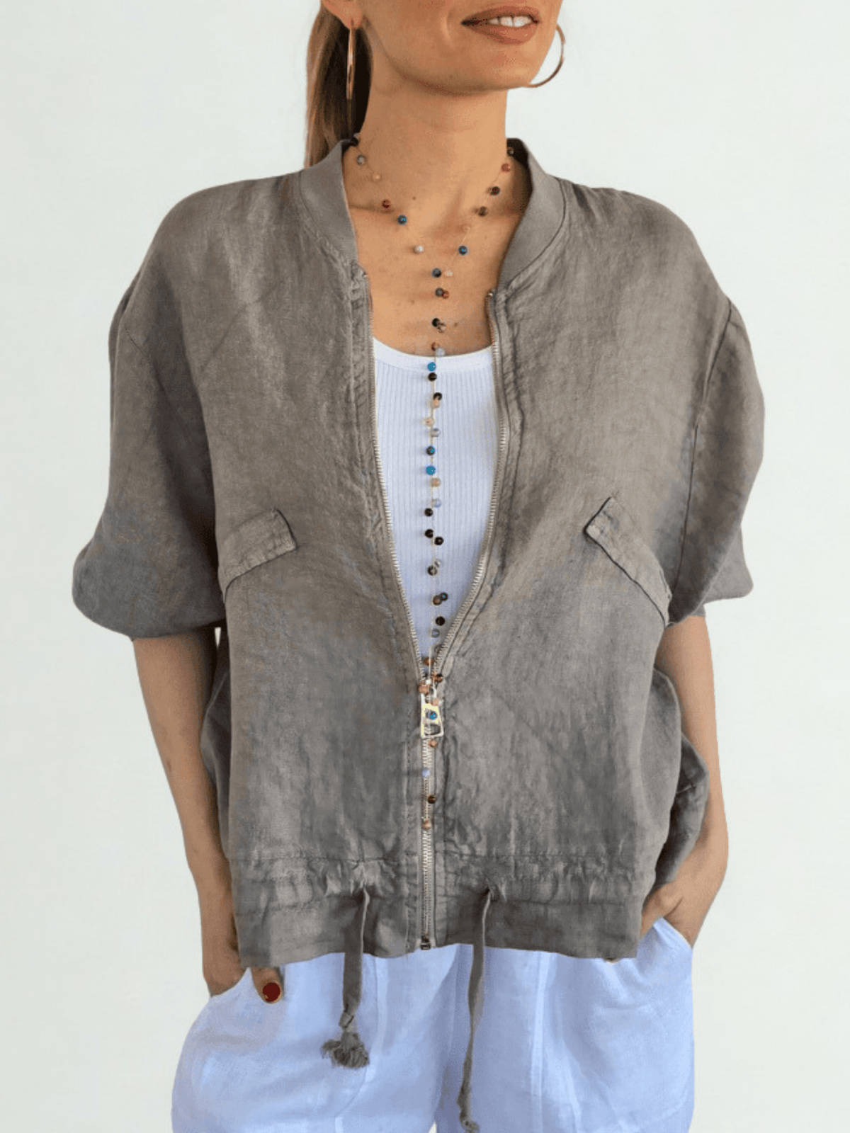 Chaqueta Bomber Italiana 100% Lino, color Taupe
