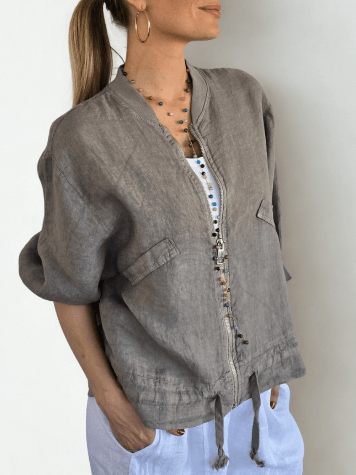 Chaqueta Bomber Italiana 100% Lino, color Taupe
