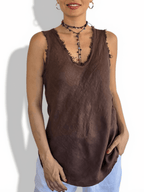 Blusa Italiana sin mangas desflecada, color Chocolate