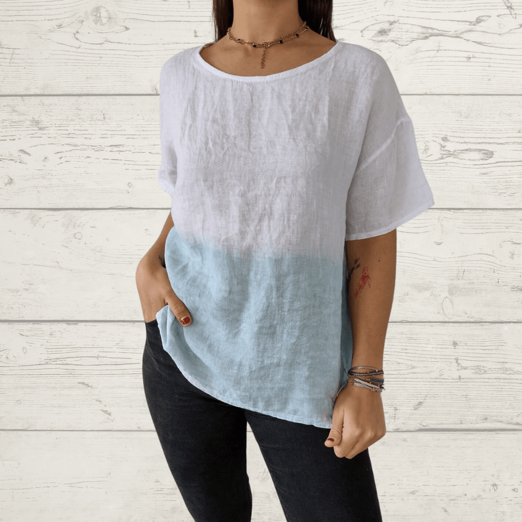 Blusa de lino Italiano degrade, blanco con turquesa