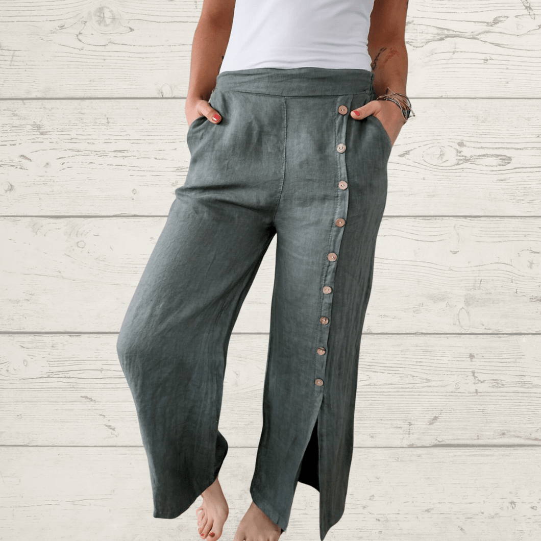 Pantalón de lino Italiano botones a un lado, color verde