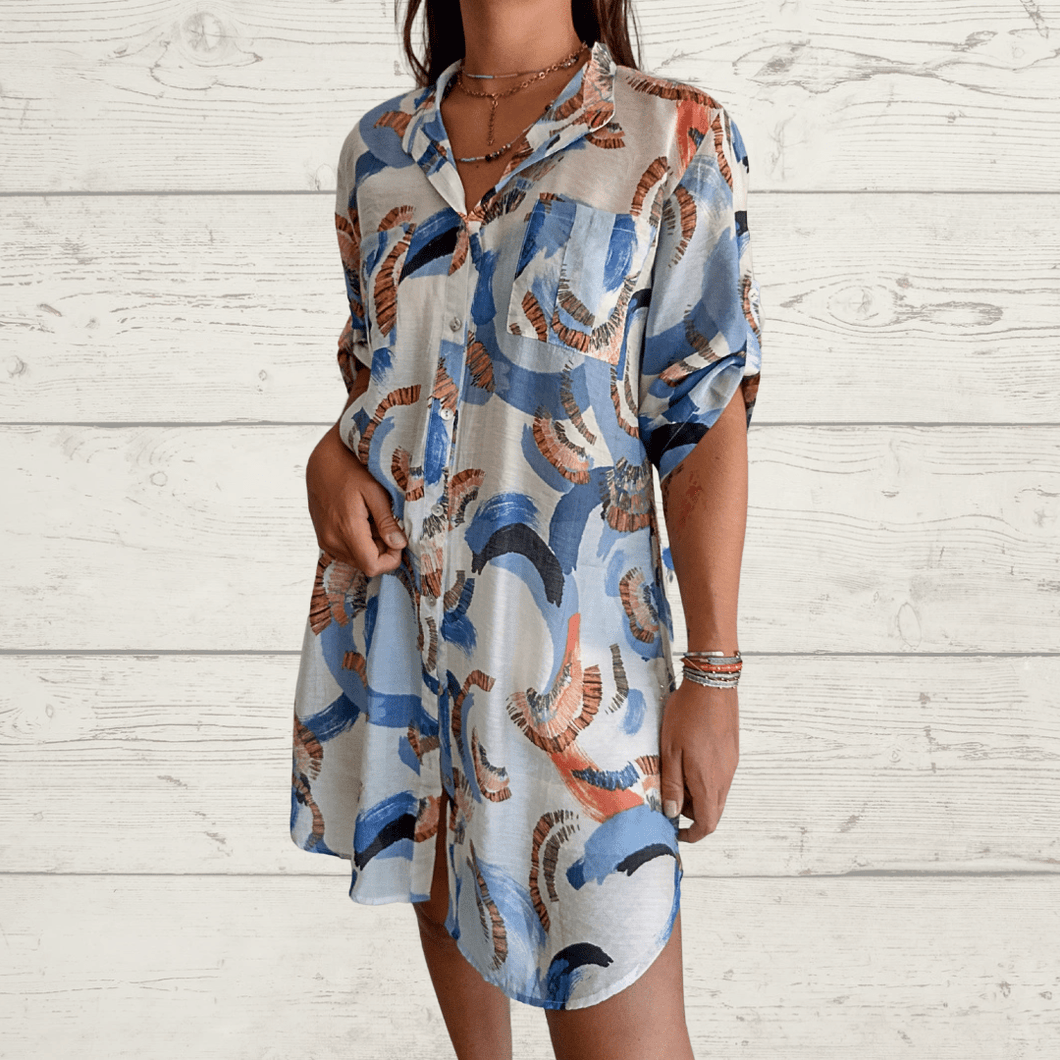 Blusa tipo blusón Adela, fondo beige con azul