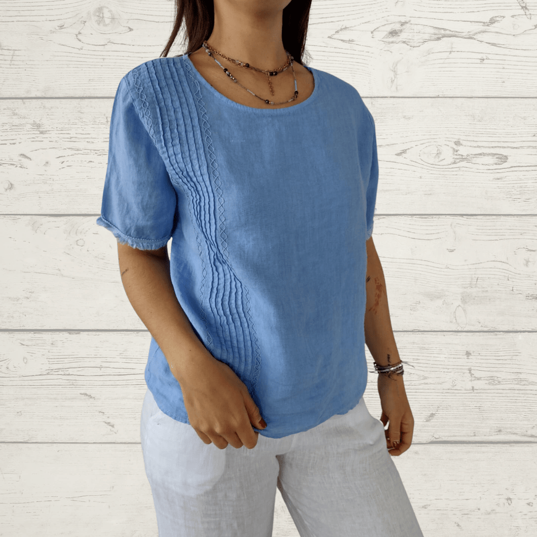 Blusa de lino Italiano bordado a un lado, color jacinto