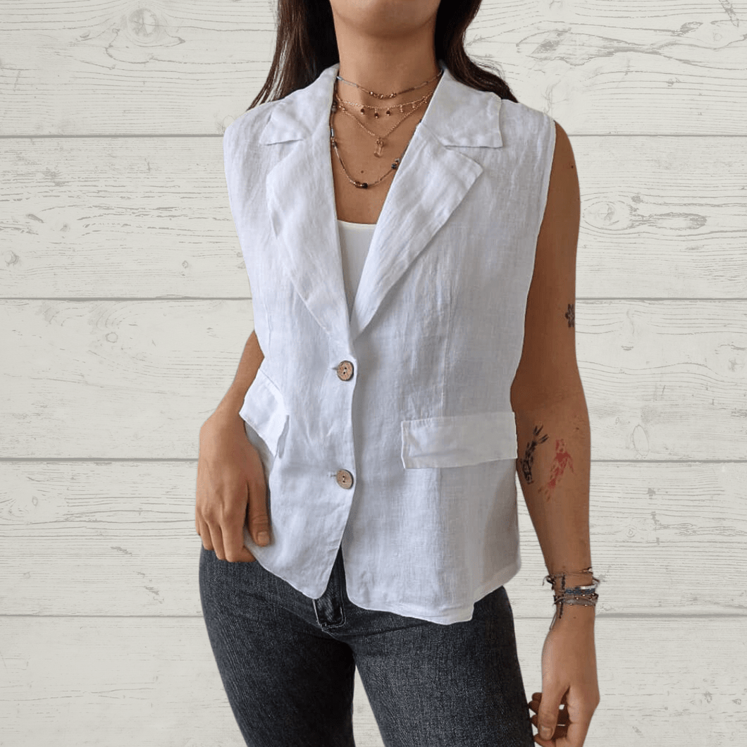 Chaqueta blazer de lino Italiano sin manga, color blanco