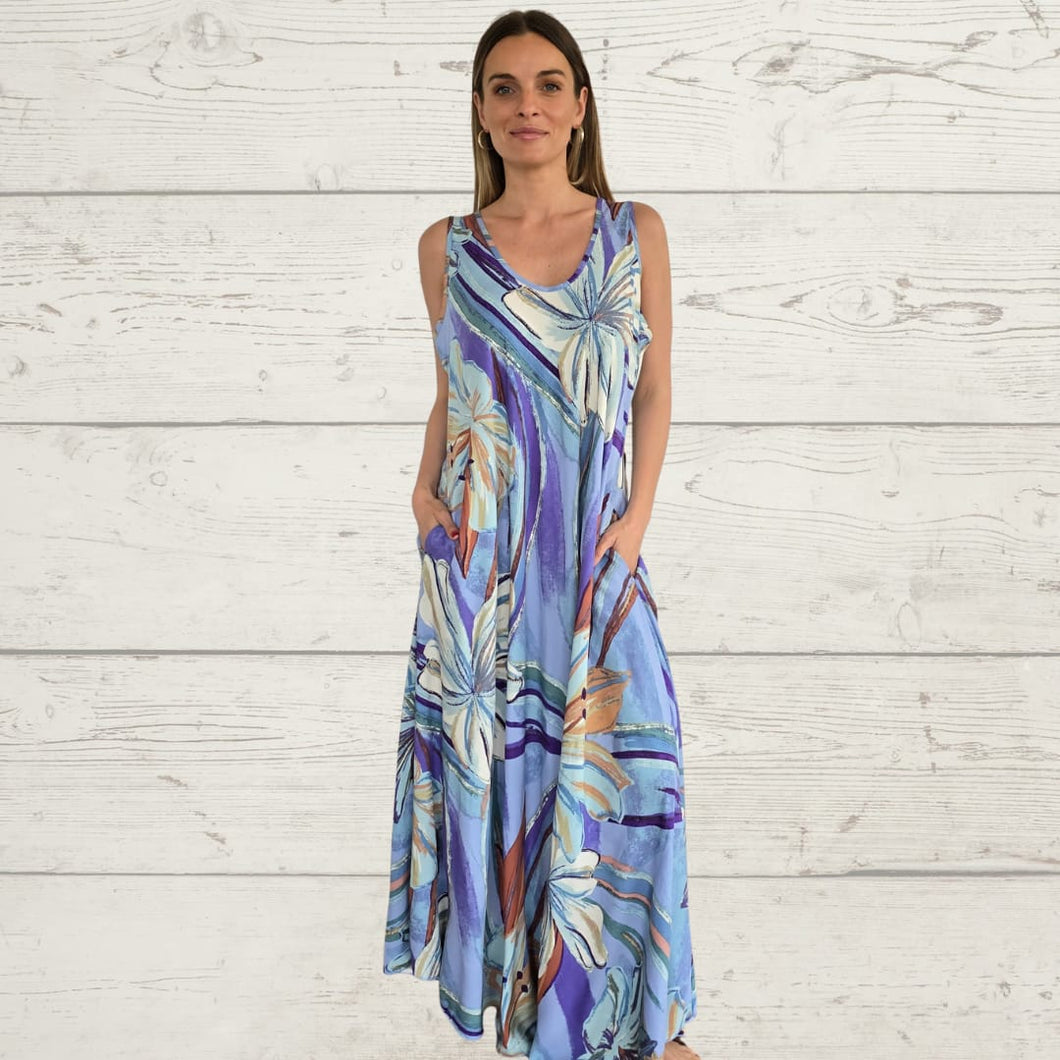 Vestido Largo estampado, fondo Celeste