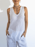 Blusa Italiana sin mangas desflecada, color Blanco