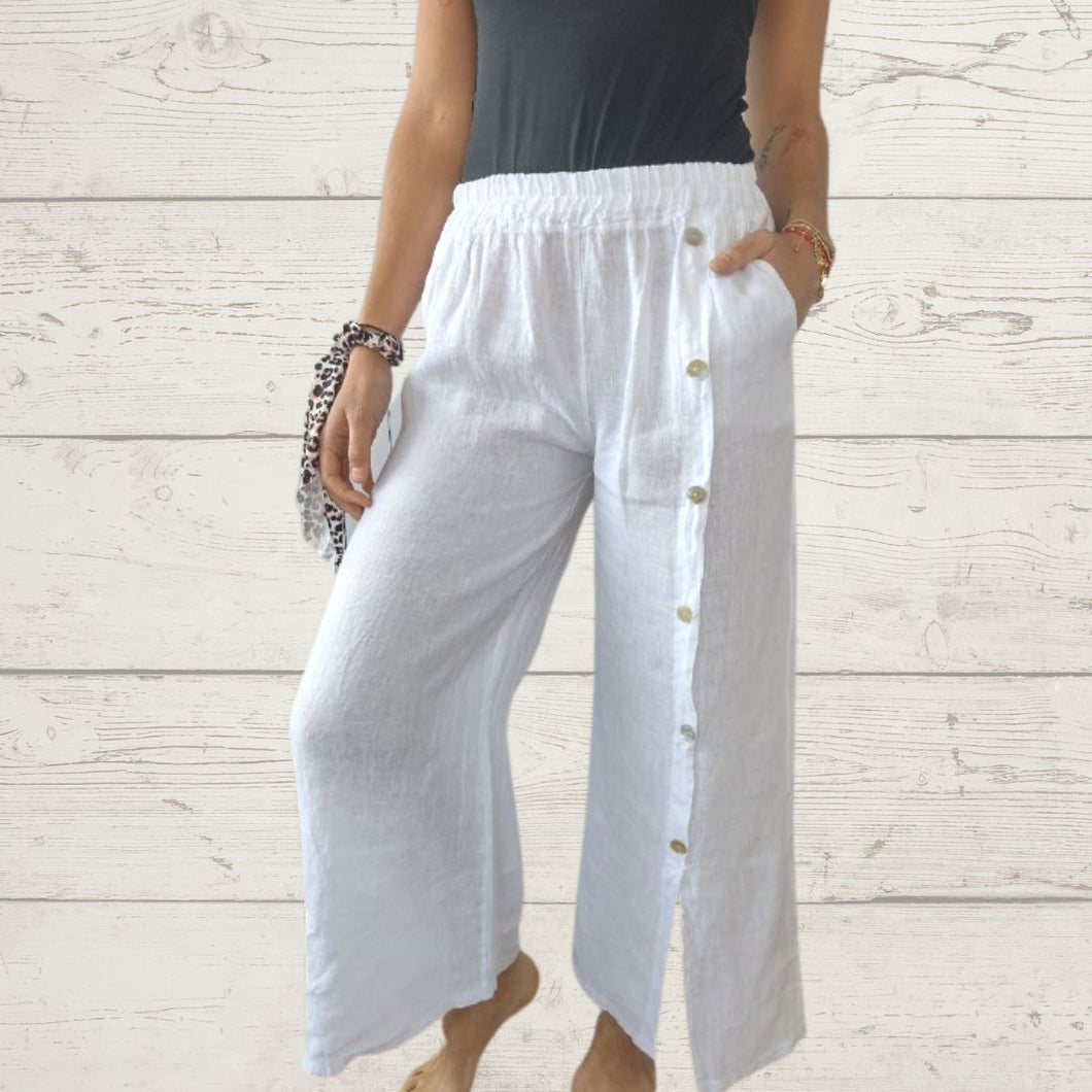 Pantalón de Lino Italiano con botones a un lado, color blanco