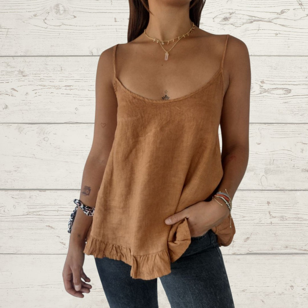 Blusa de Lino Italiana con vuelos en la basta, color terracota