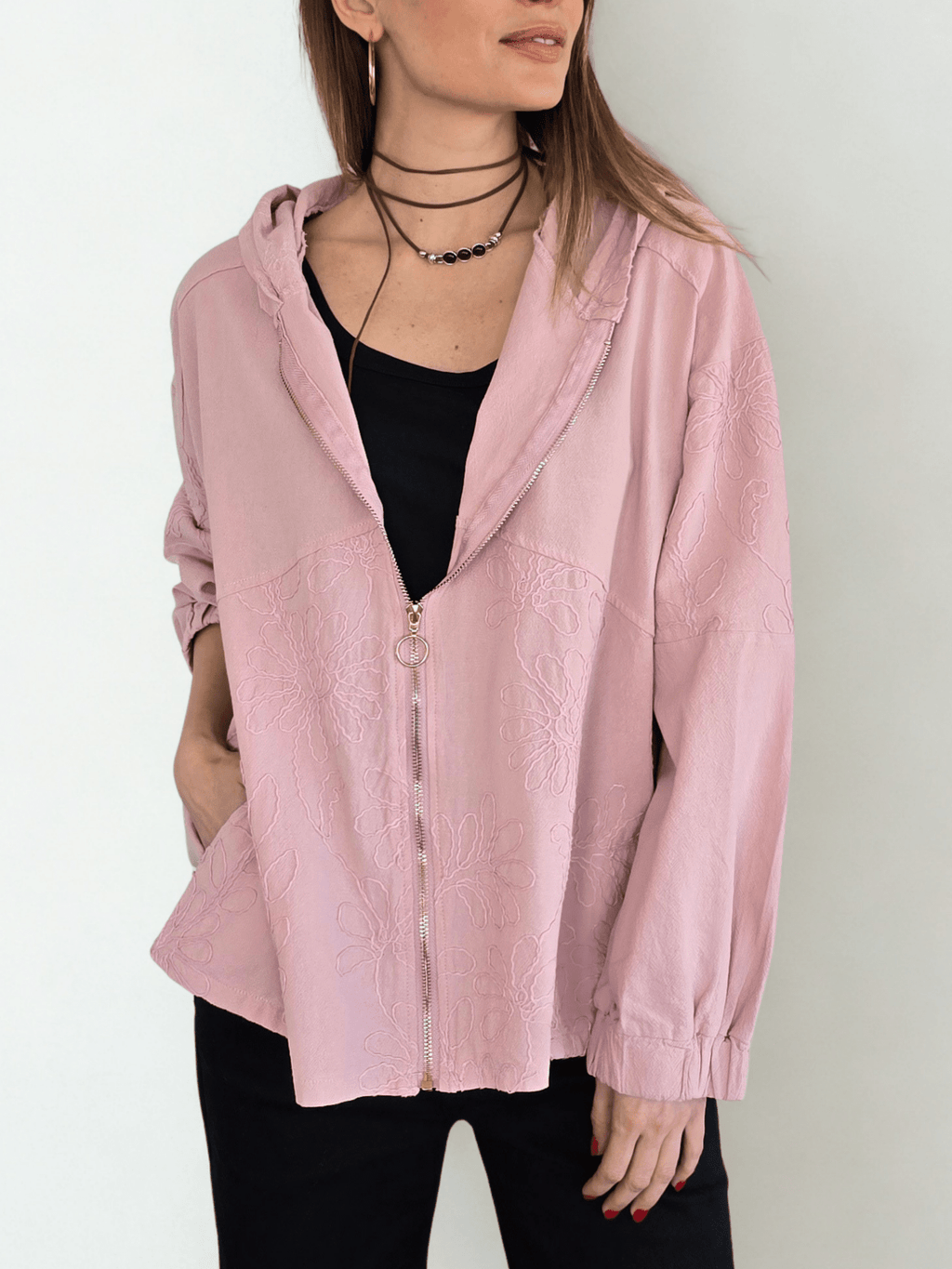 Chaqueta Bordada con Gorro, color Rosado