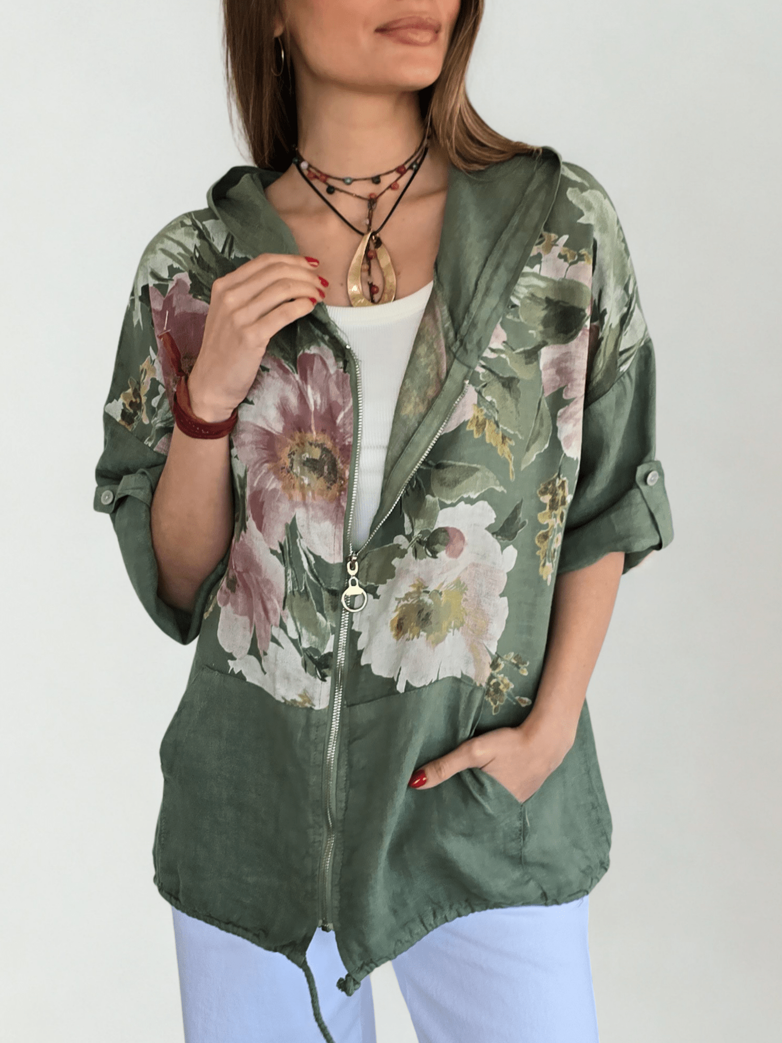 Chaqueta Italiana 100% Lino Estampado, fondo Verde
