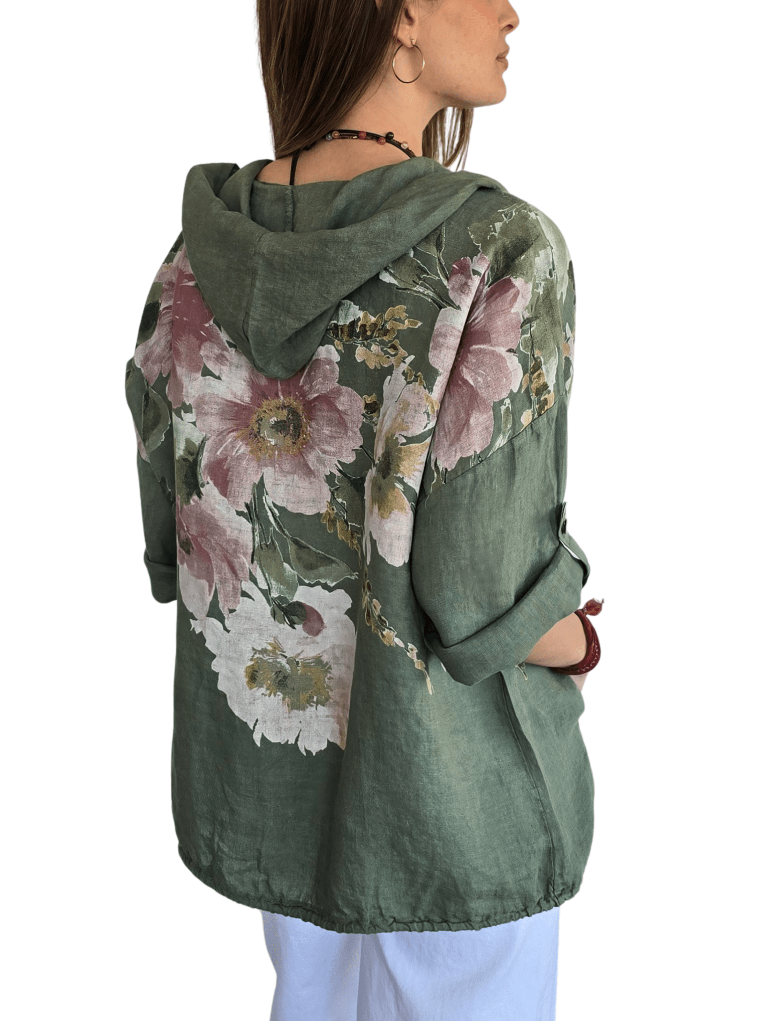 Chaqueta Italiana 100% Lino Estampado, fondo Verde