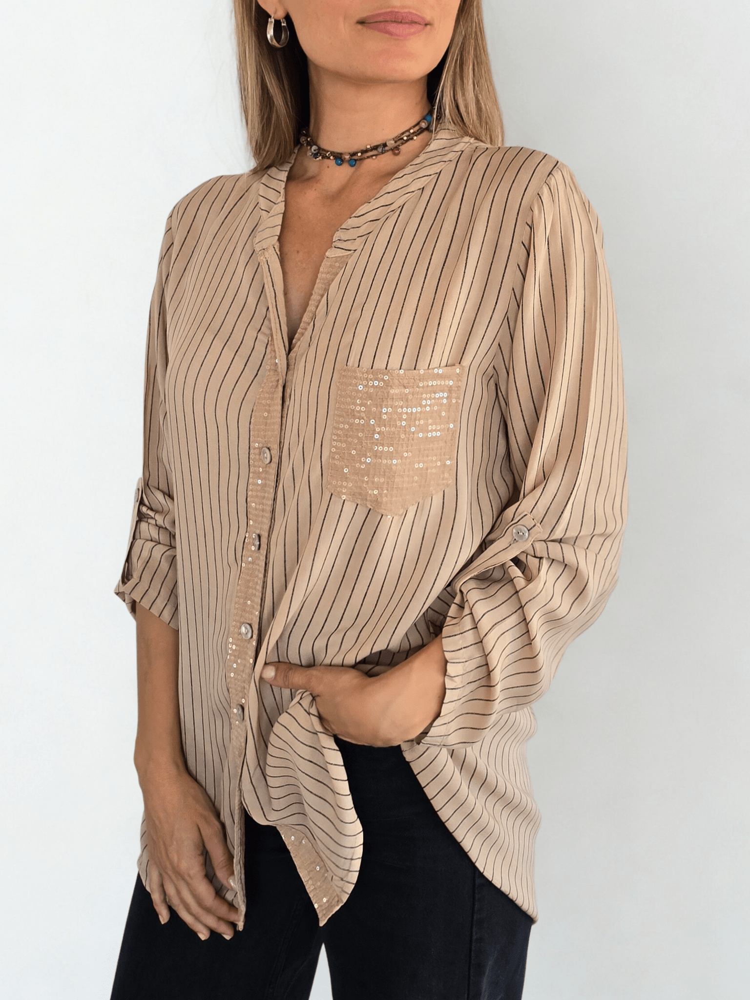 Blusa Italiana Rayada, fondo Camel