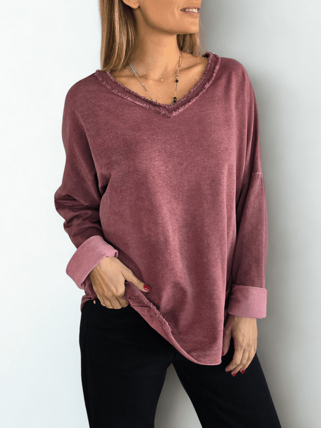 Sweater Polerón Teñido con desflecado, color Burdeo