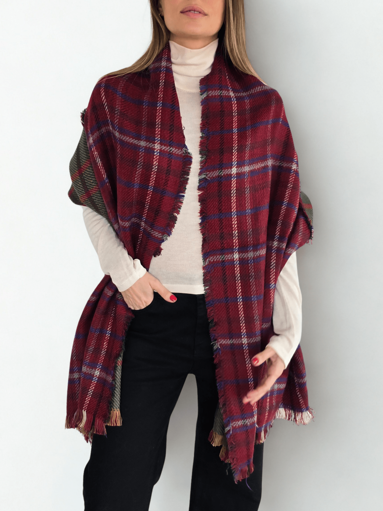 Bufanda Escocesa Reversible, color Burdeo con Verde