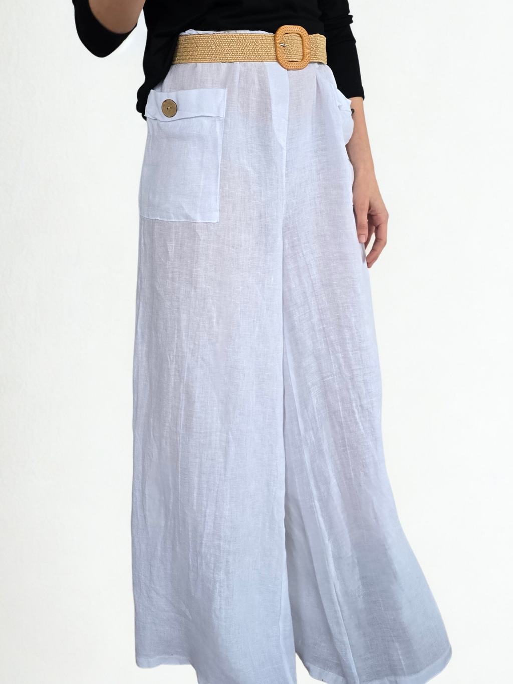 Pantalón de Lino Italiano con Cinturón, color Blanco