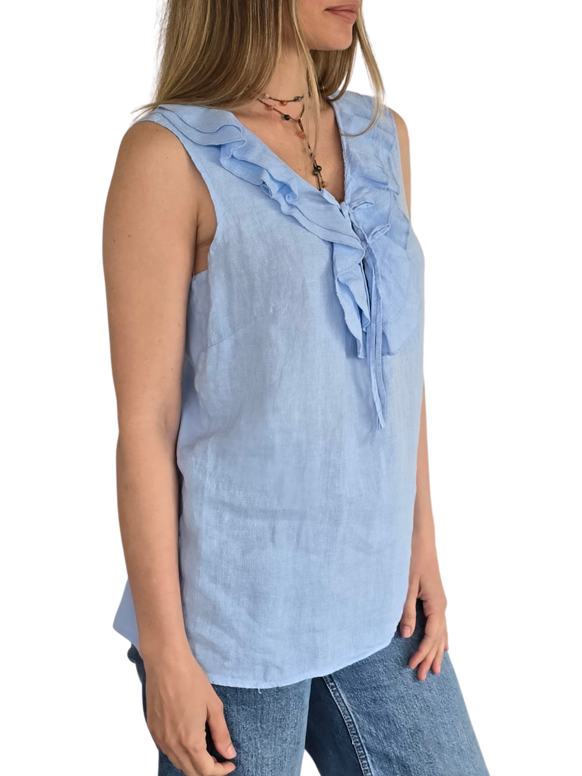Blusa Italiana 100% Lino Vuelos, color Celeste