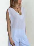 Blusa Italiana 100% Lino escote en V, color Blanco