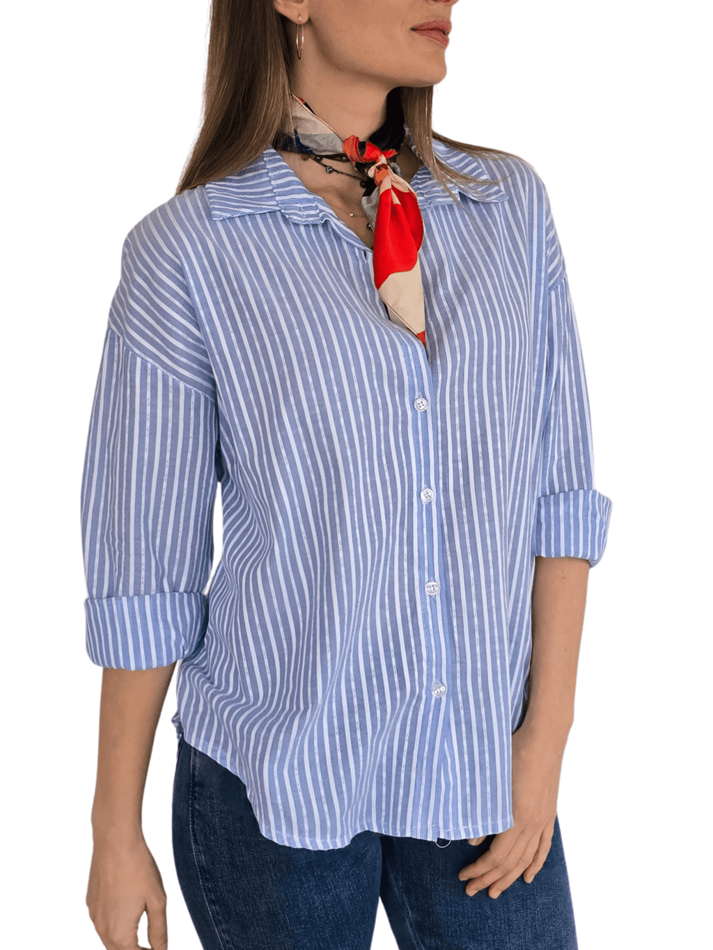 Blusa Italiana Rayada, color Celeste con Blanco
