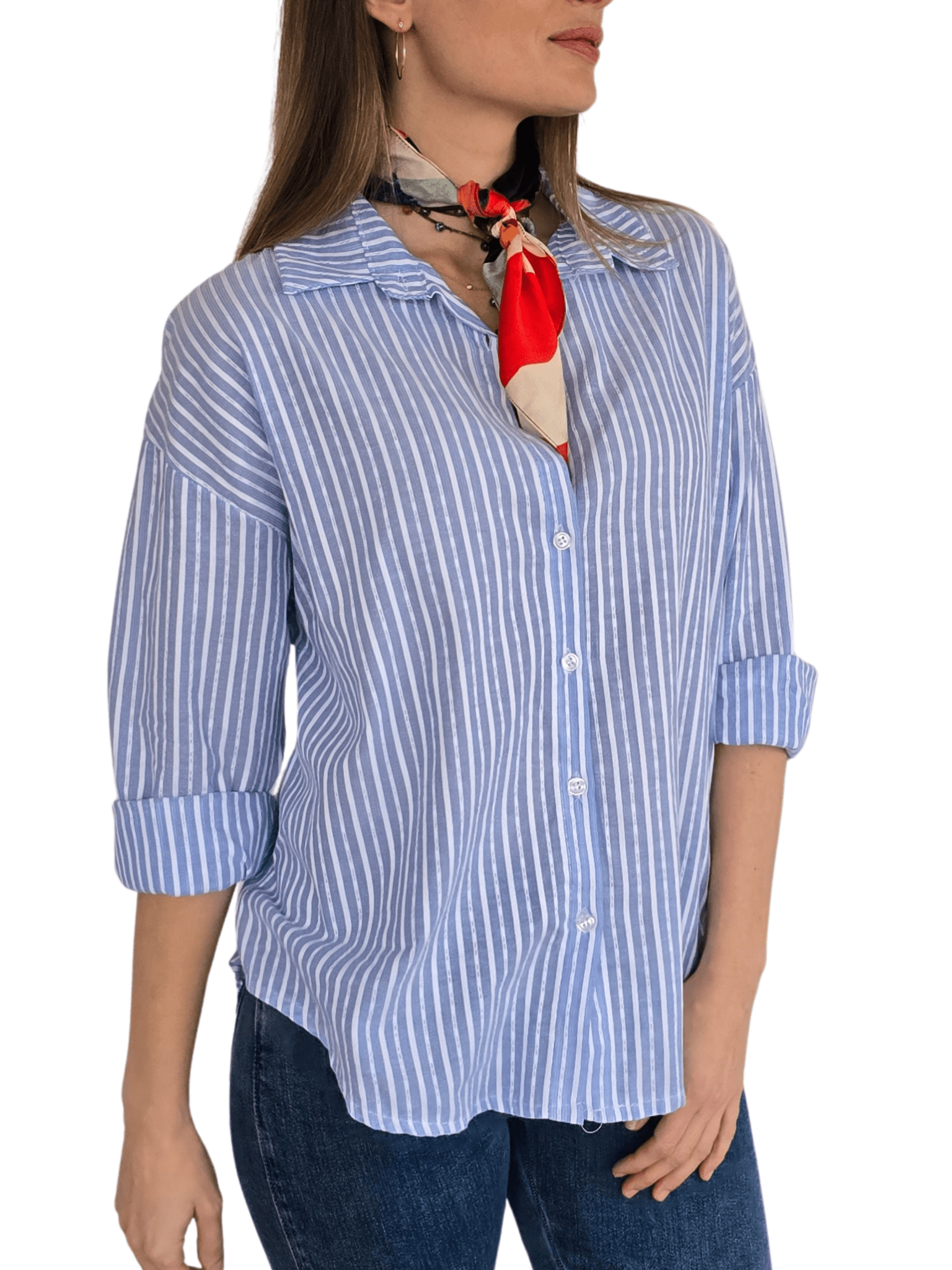 Blusa Italiana Rayada, color Celeste con Blanco