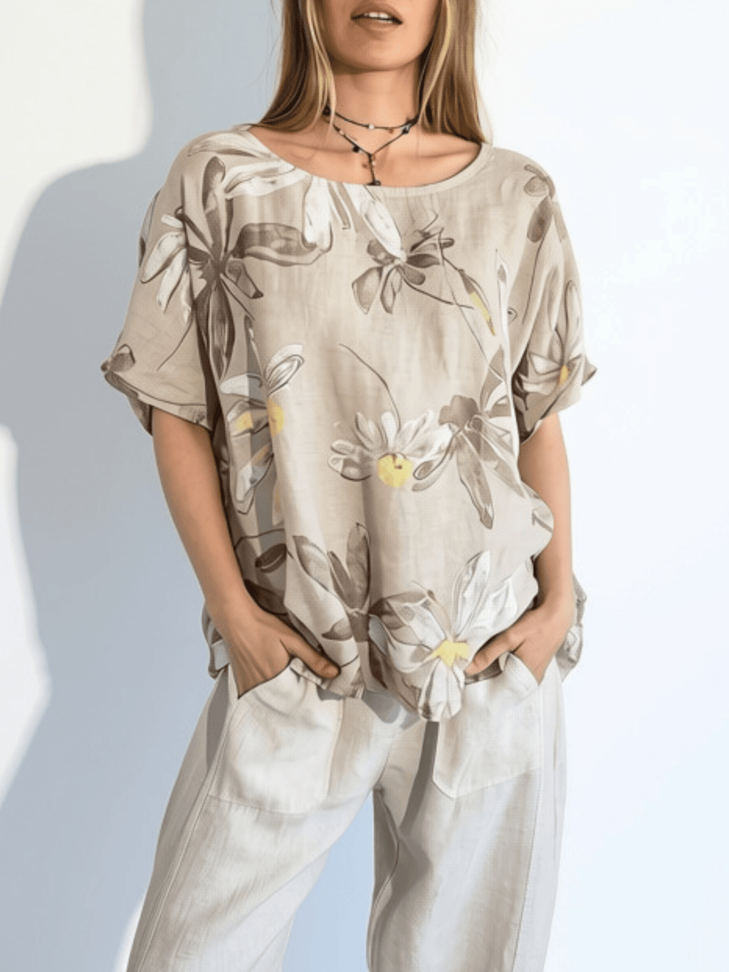 Blusa Italiana 100% Lino Estampada, fondo Beige