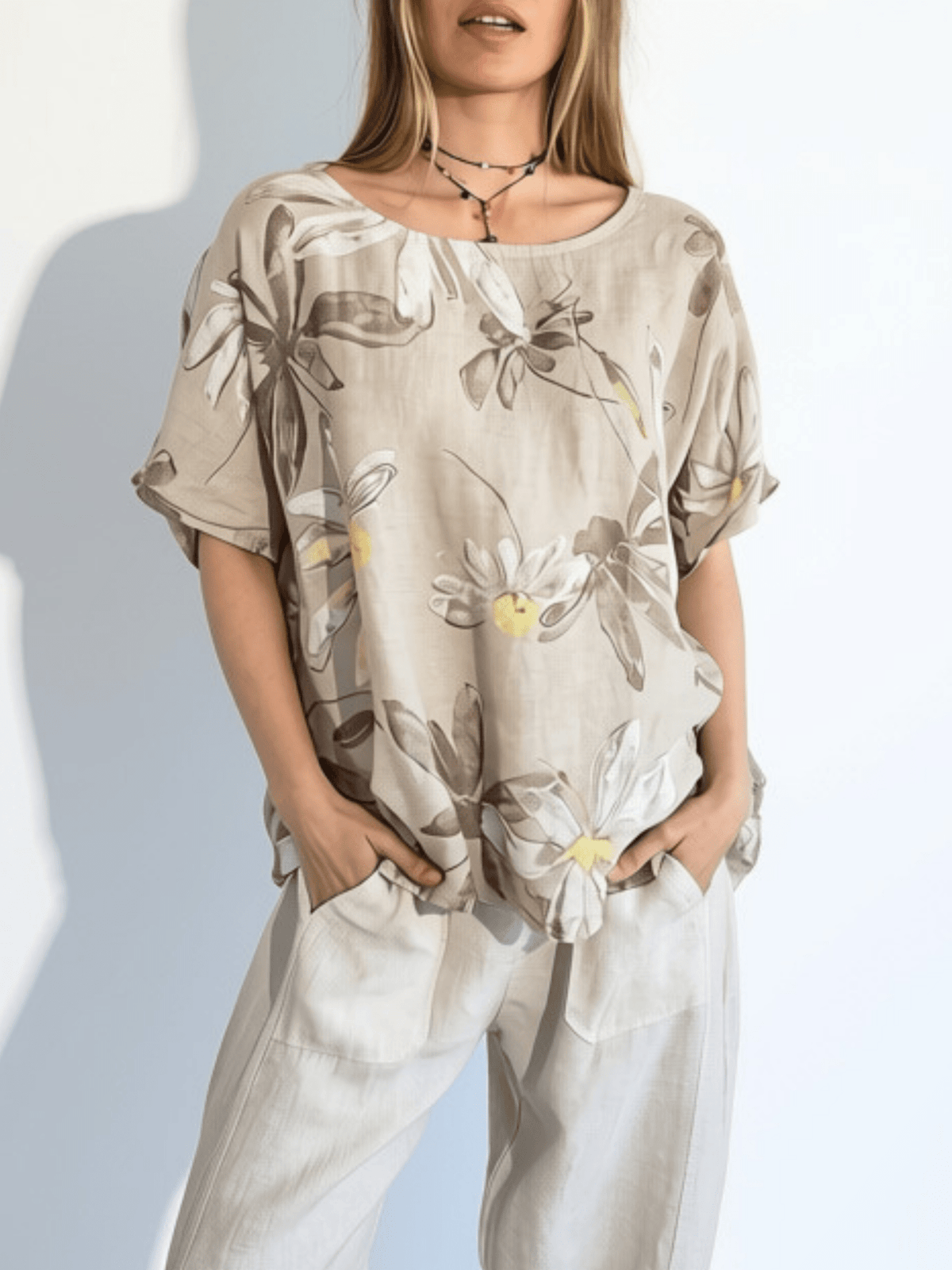 Blusa Italiana 100% Lino Estampada, fondo Beige