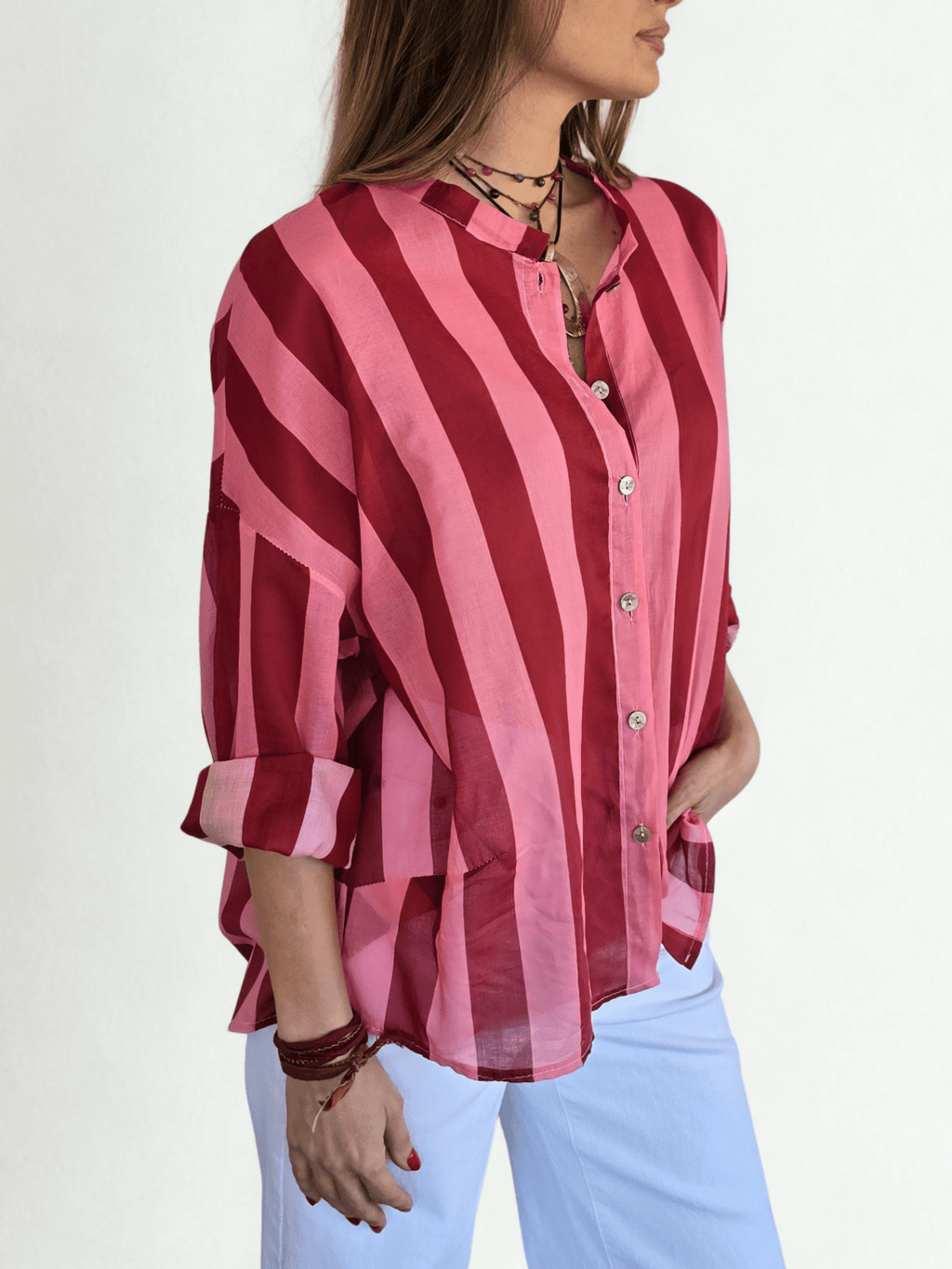 Blusa Italiana Rayada, color Guinda con Rosado