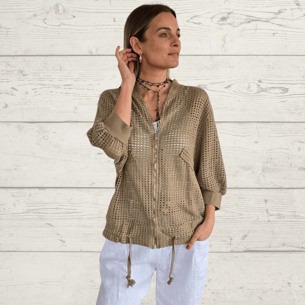 Chaqueta Bomber Italiana crochet, color Camel