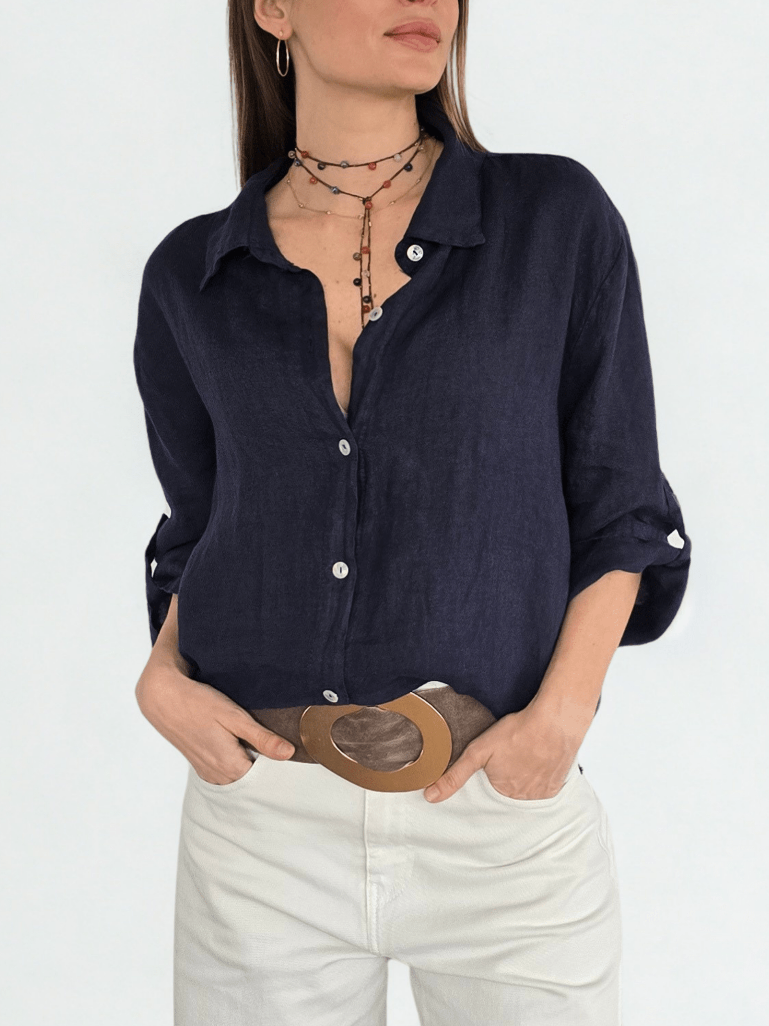 Blusa Italiana 100% lino Ancha, color Azul Marino