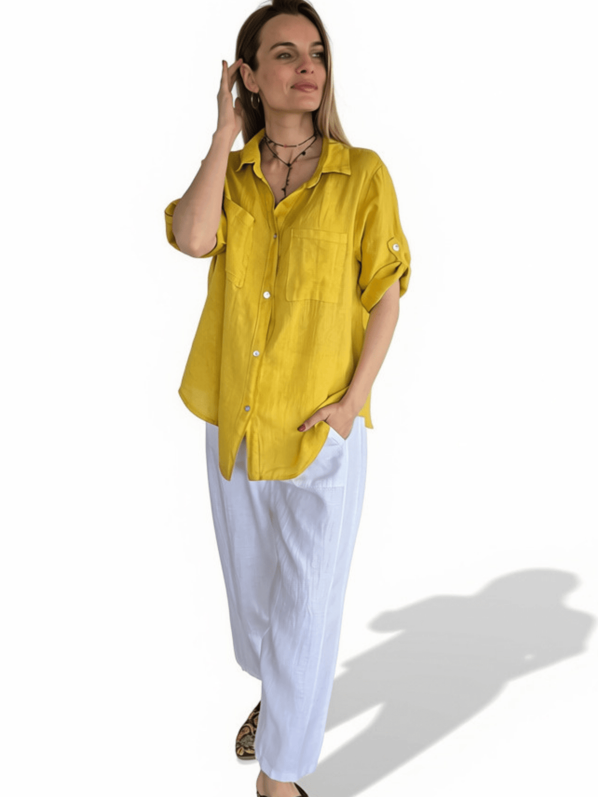 Blusa Italiana 100% Lino dos Bolsillos, color Amarillo Oro