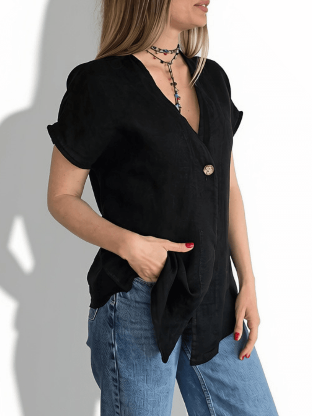 Blusa Italiana 100% Lino un botón, color Negro