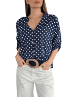 Blusa Italiana Lunares, fondo Azul con Blanco