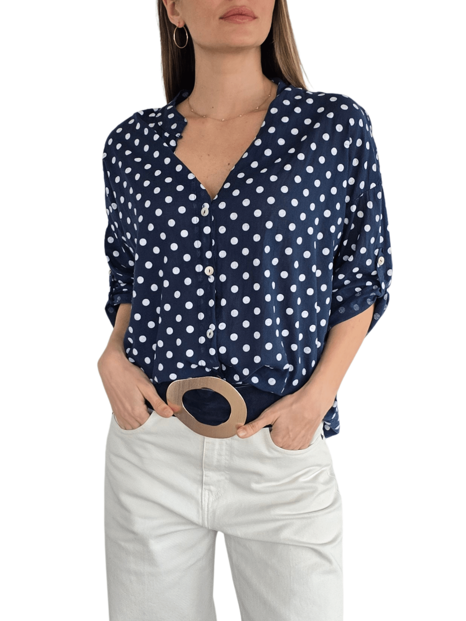 Blusa Italiana Lunares, fondo Azul con Blanco