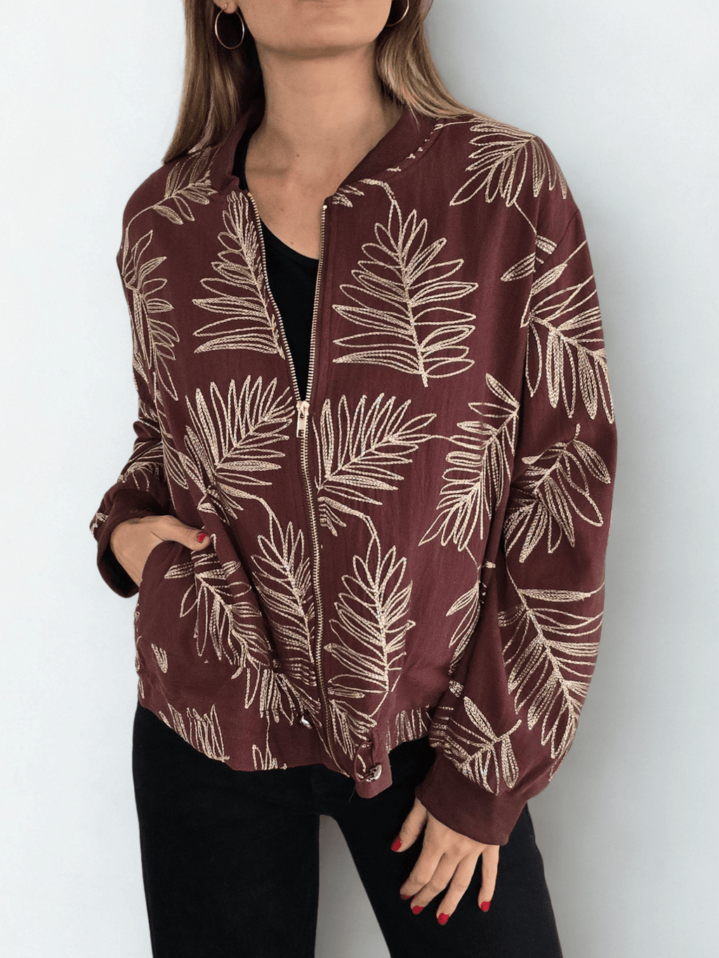 Chaqueta Bomber Bordado, color Burdeo
