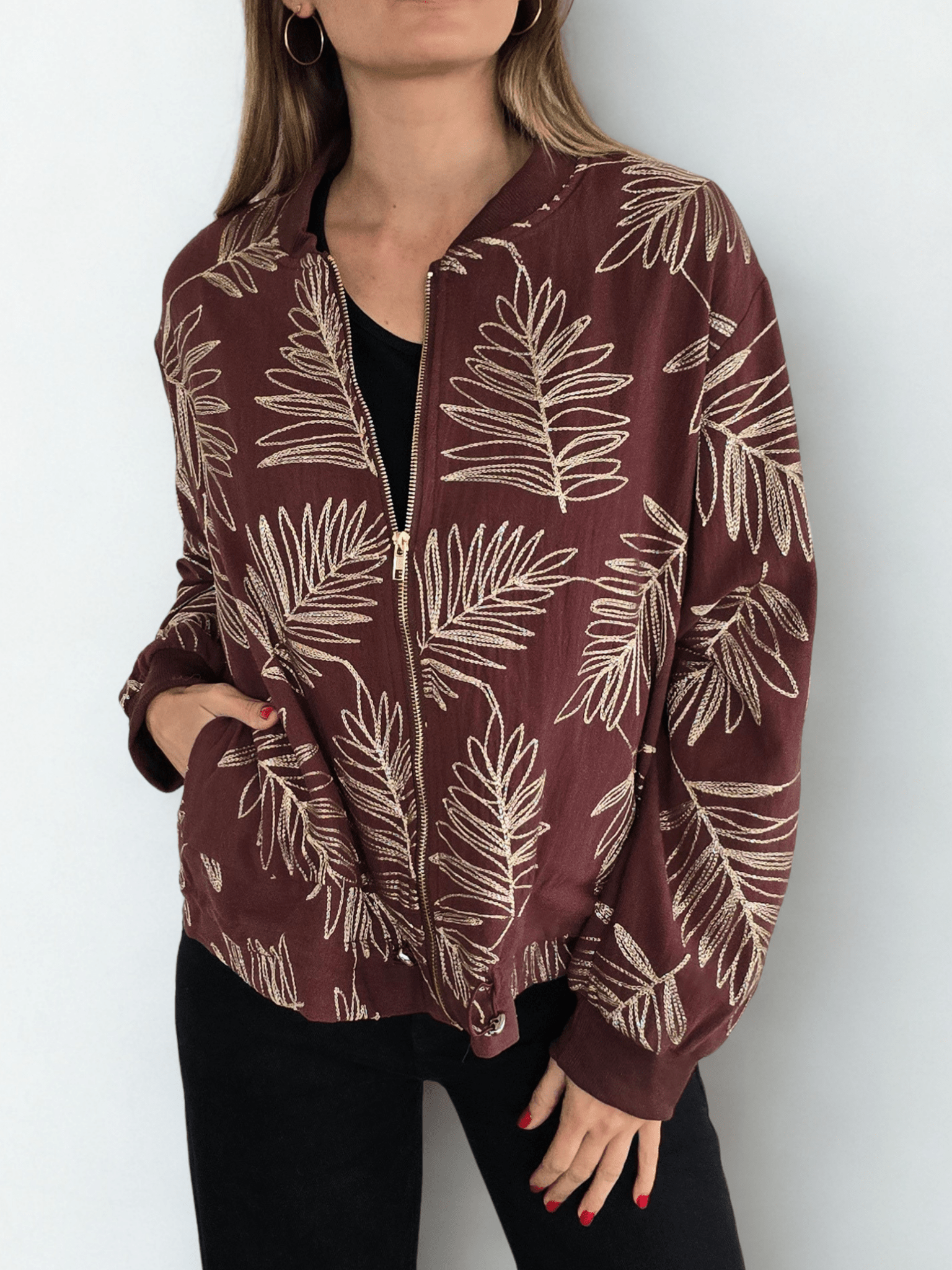 Chaqueta Bomber Bordado, color Burdeo