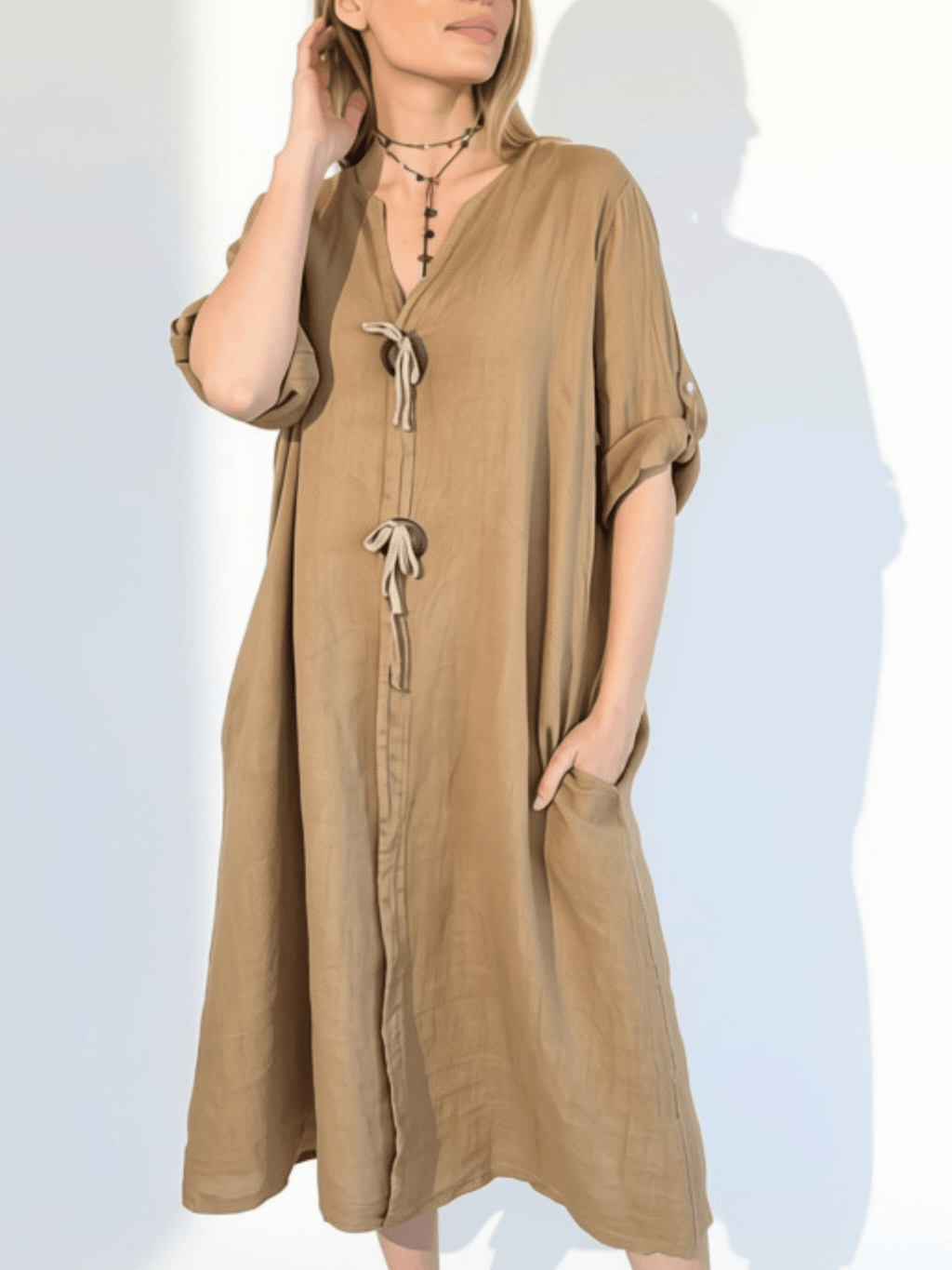 Vestido Italiano 100% Lino Botones, color Camel