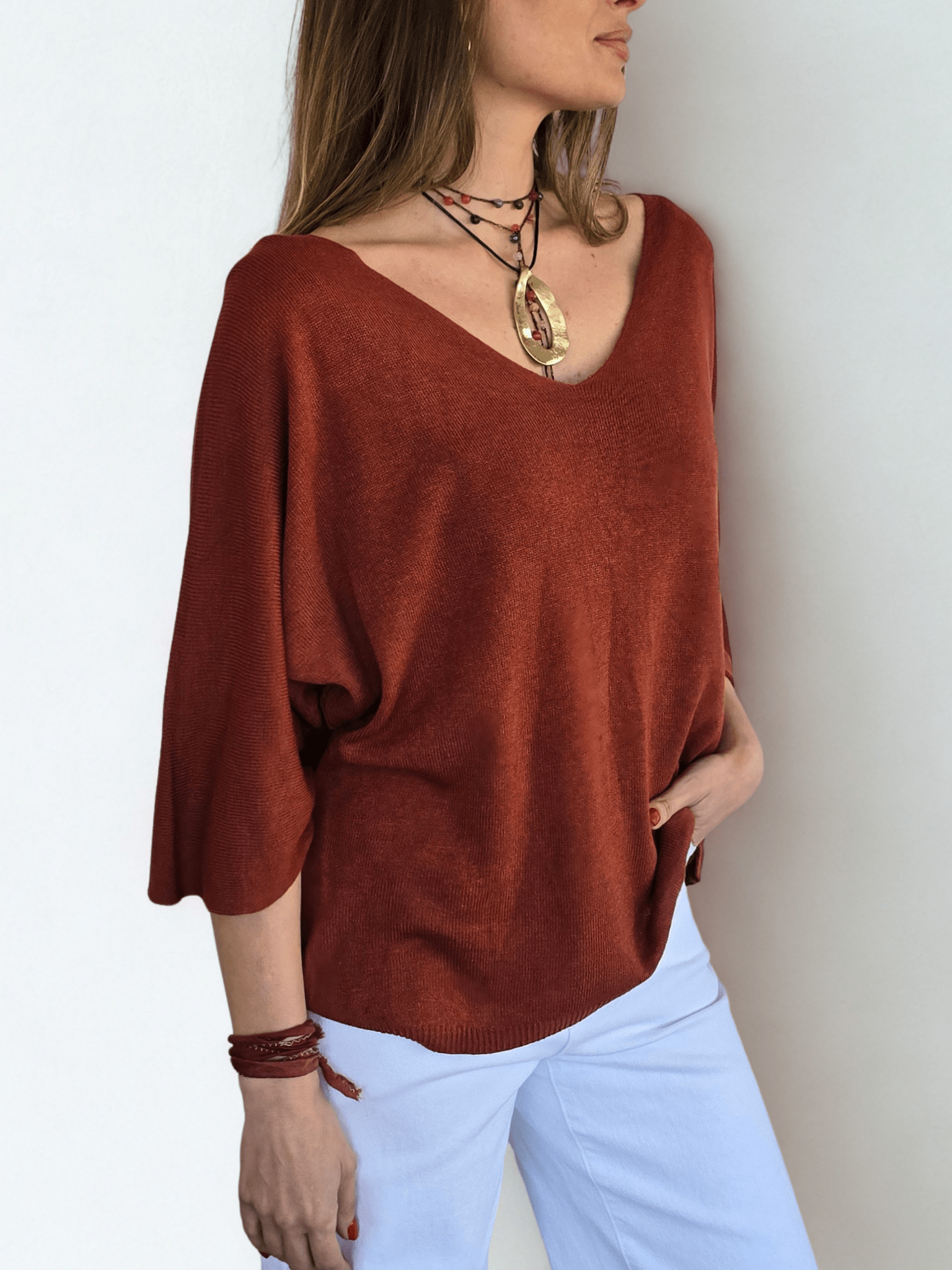 Sweater Italiano Manga 3/4, color Terracota