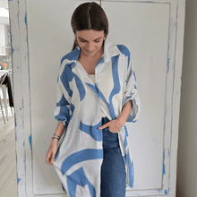 Cargar imagen en el visor de la galería, Vestido / Blusón Italiano etampado, color Blanco con Celeste

