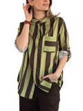 Blusa Italiana Rayada un bolsillo, color Chocolate con Pistacho