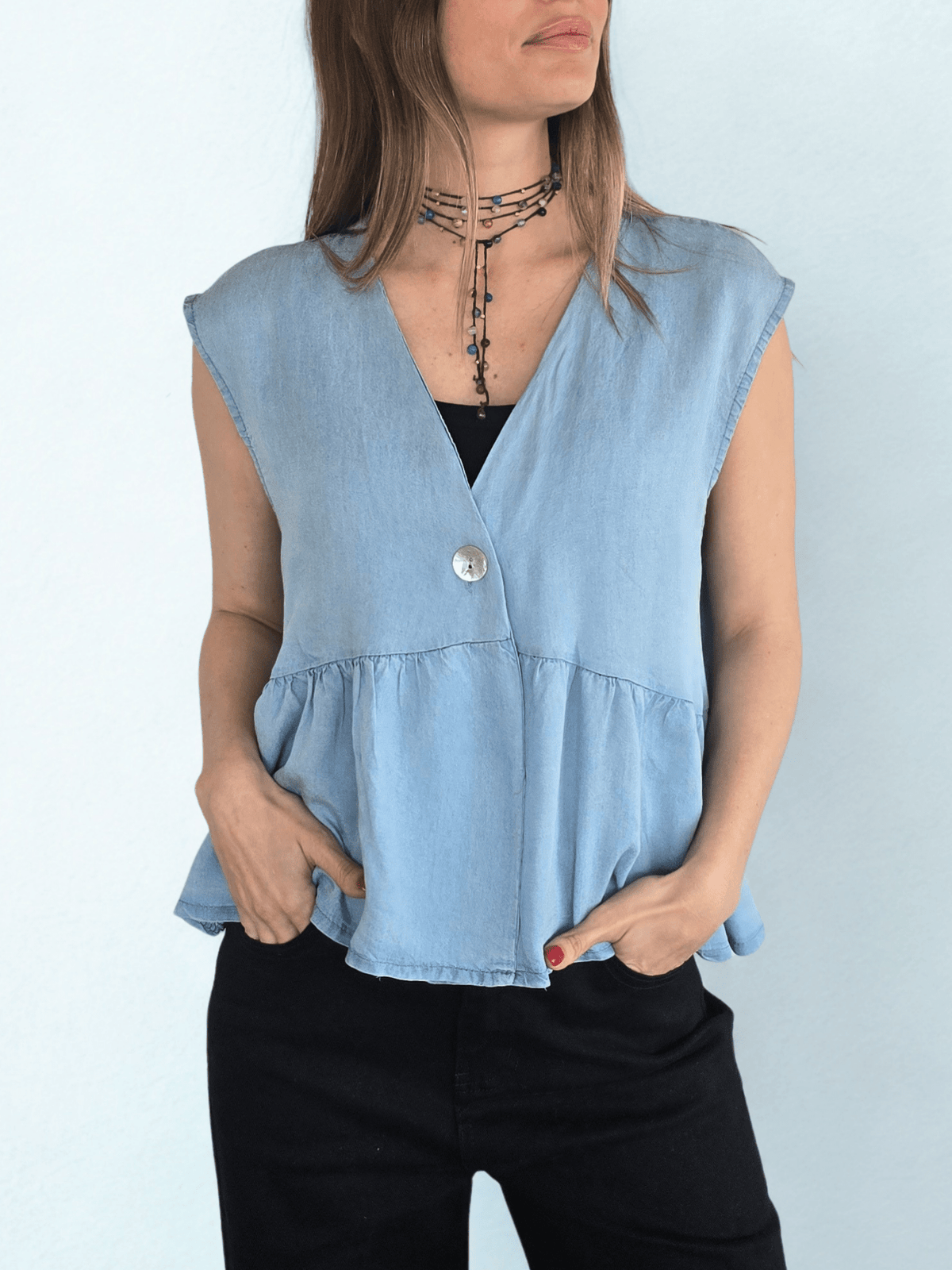 Blusa Italiana Tencel un Botón, color Celeste