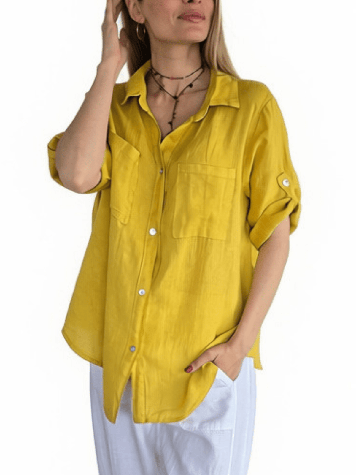 Blusa Italiana 100% Lino dos Bolsillos, color Amarillo Oro