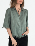 Blusa Italiana 100% Lino Bordada, color Verde