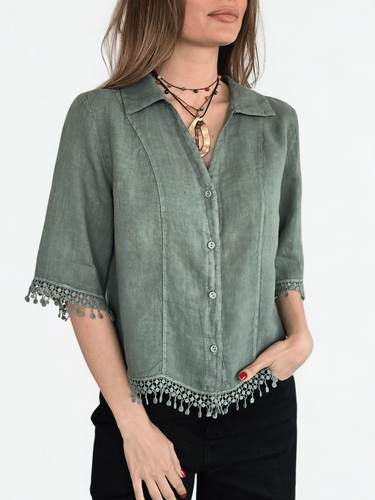 Blusa Italiana 100% Lino Bordada, color Verde