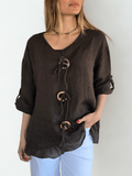 Blusa Italiana 100% Lino con tres Botones, color Chocolate