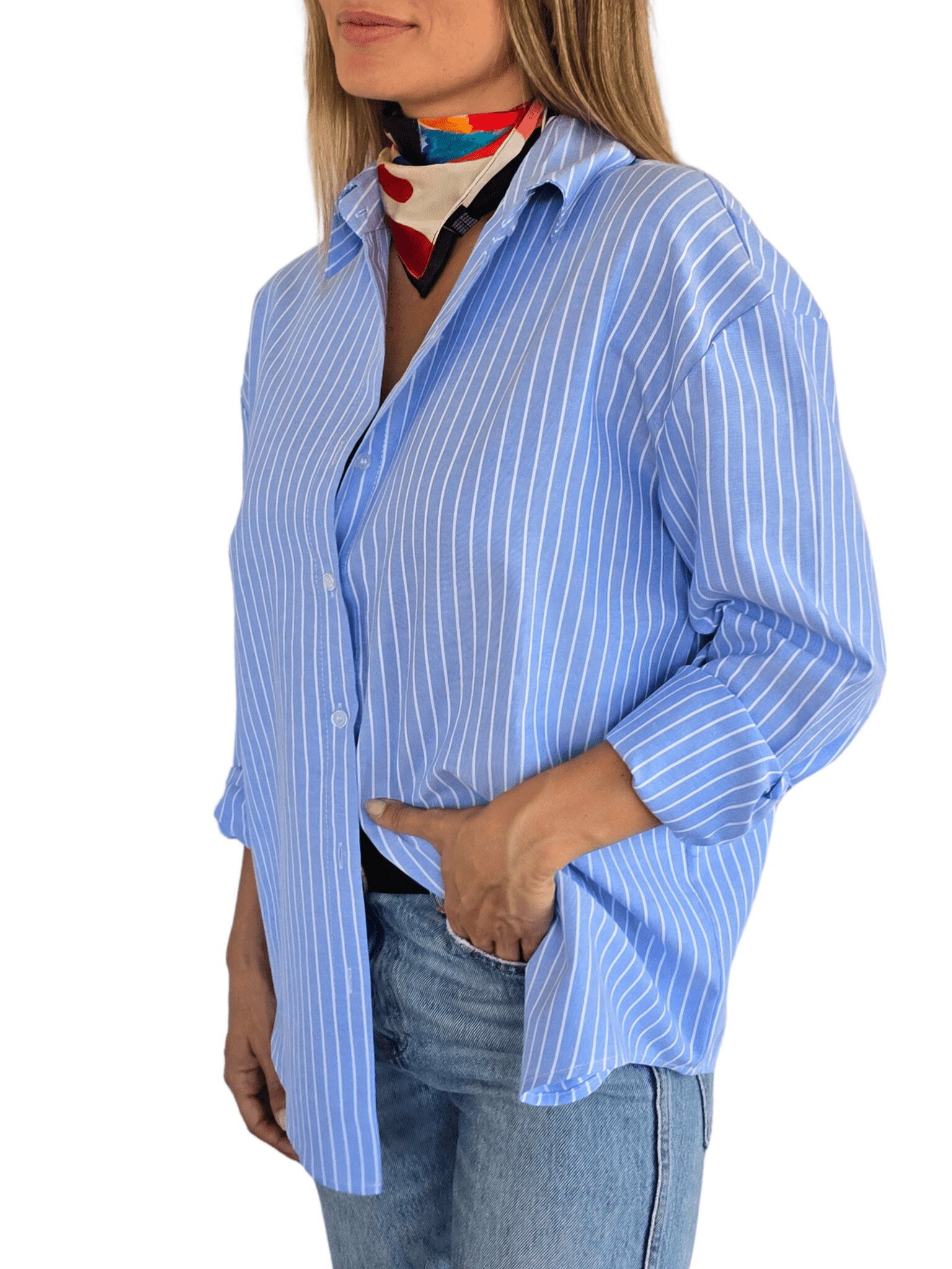 Blusa Rayada, color Celeste con Blanco