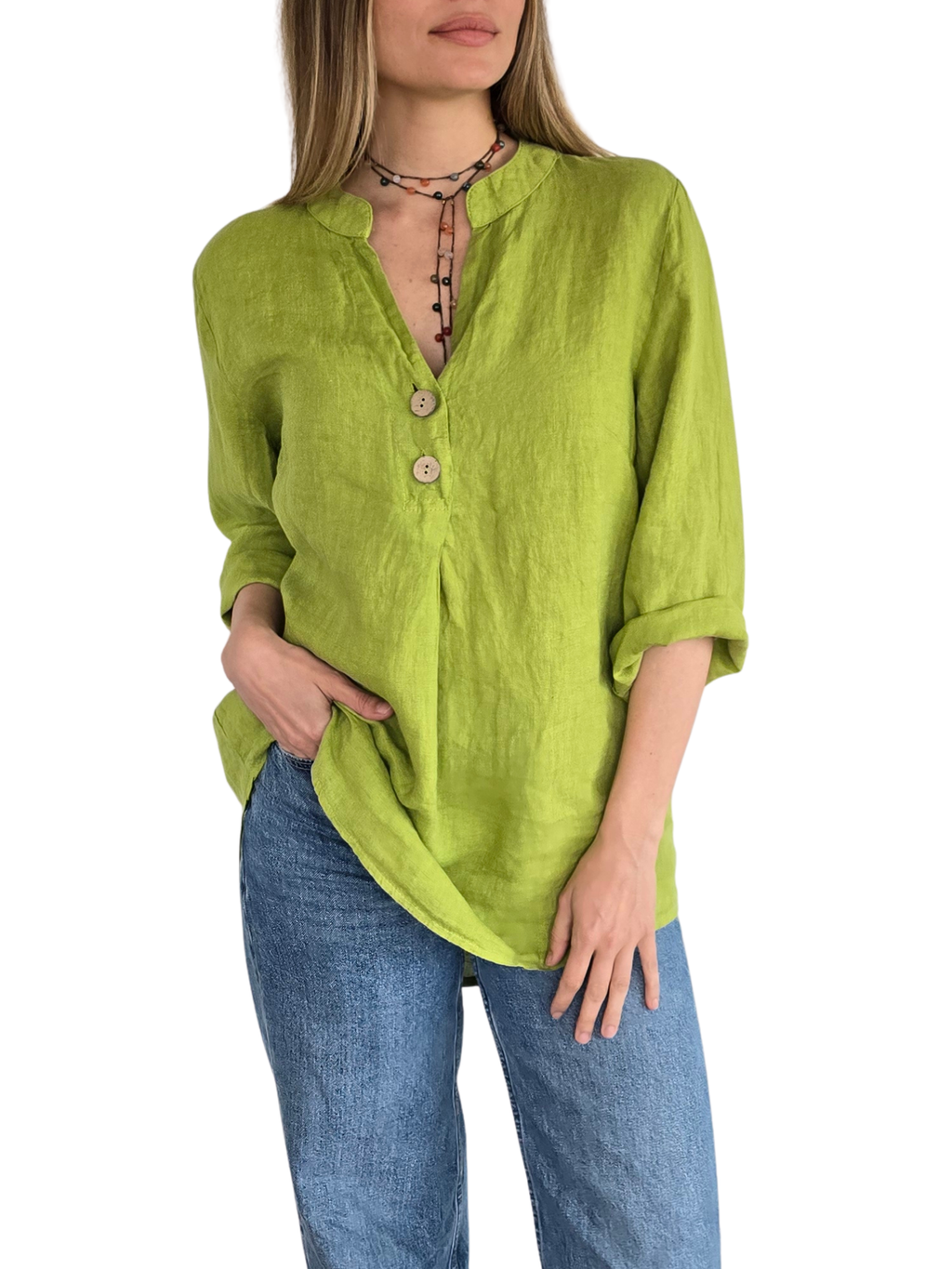 Blusa Italiana 100% Lino dos Botones, color Pistacho