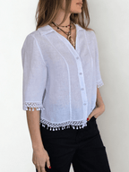 Blusa Italiana 100% Lino Bordada, color Blanco