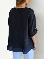 Blusa Italiana 100% Lino con tres Botones, color Azul