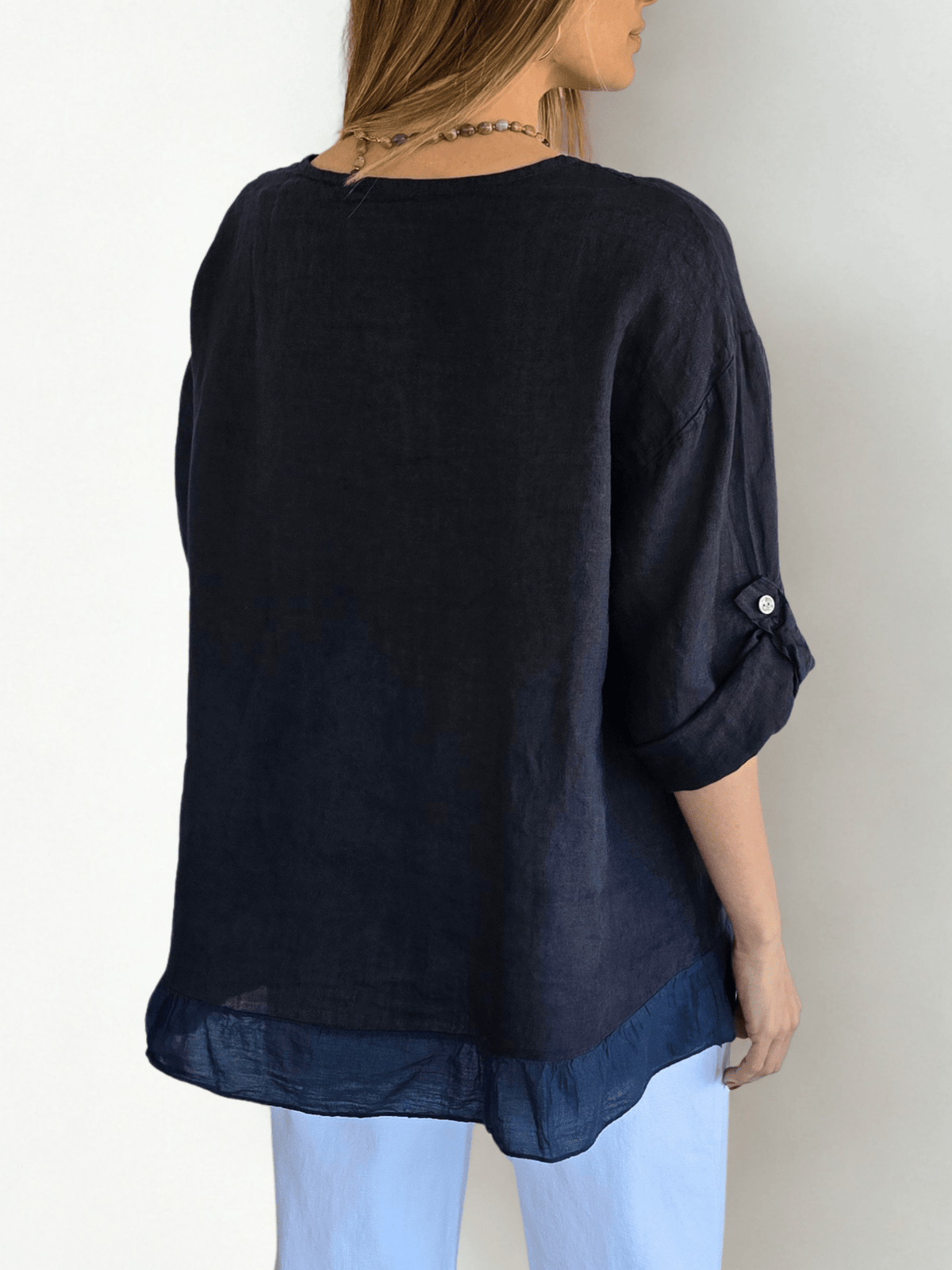 Blusa Italiana 100% Lino con tres Botones, color Azul