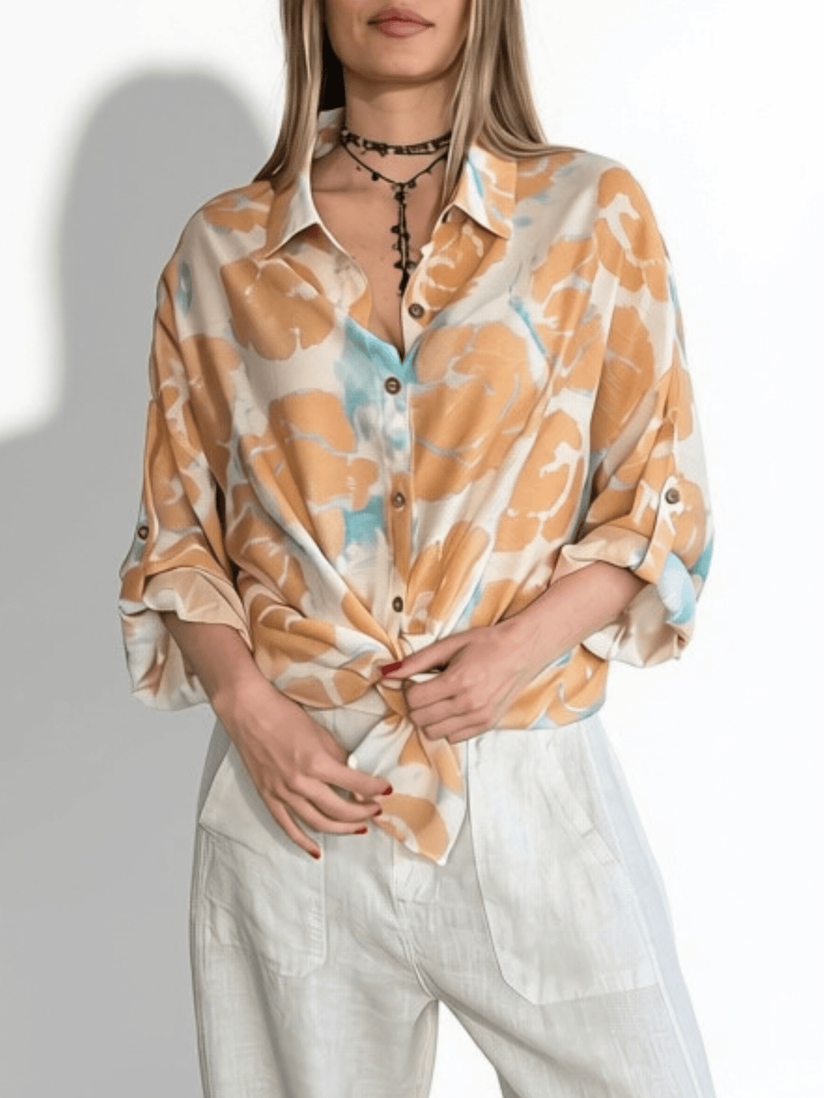 Blusa Estampada Flores, Tonos Camel