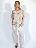 Blusa Italiana 100% Lino Estampada, fondo Beige